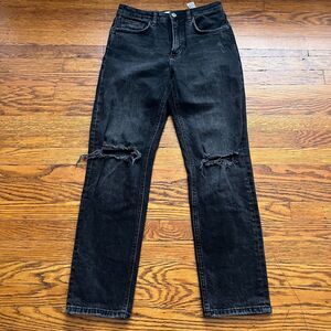 Zara High Rise Straight Jean Women’s 4 Charcoal Black Knee Distressed Denim